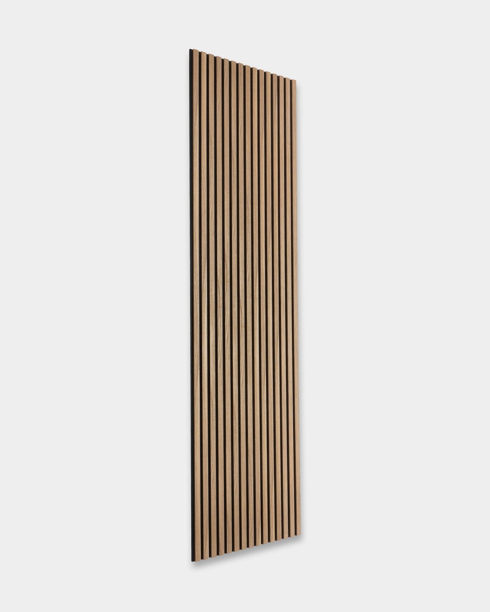 WoodUpp Essential Akupanel in English Walnut, 240 x 60 cm, features vertical wooden slats on a plain light gray background. Nordic acoustic wood panel design.